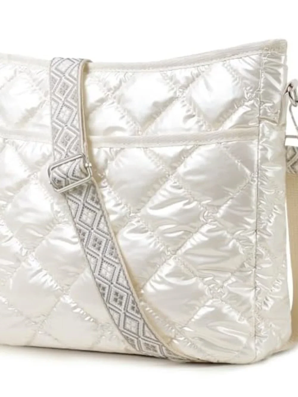 Quilted Crossbody Bag with Patterned Strap, Lightweight & Foldable